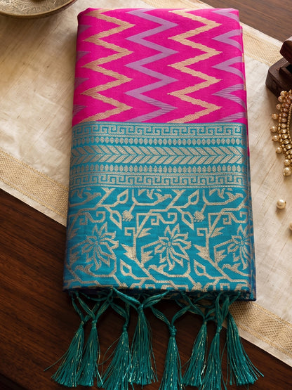 Sutriti Rani Pink Banarasi Silk Saree With Teal Border | Women's Royal Wedding Attire