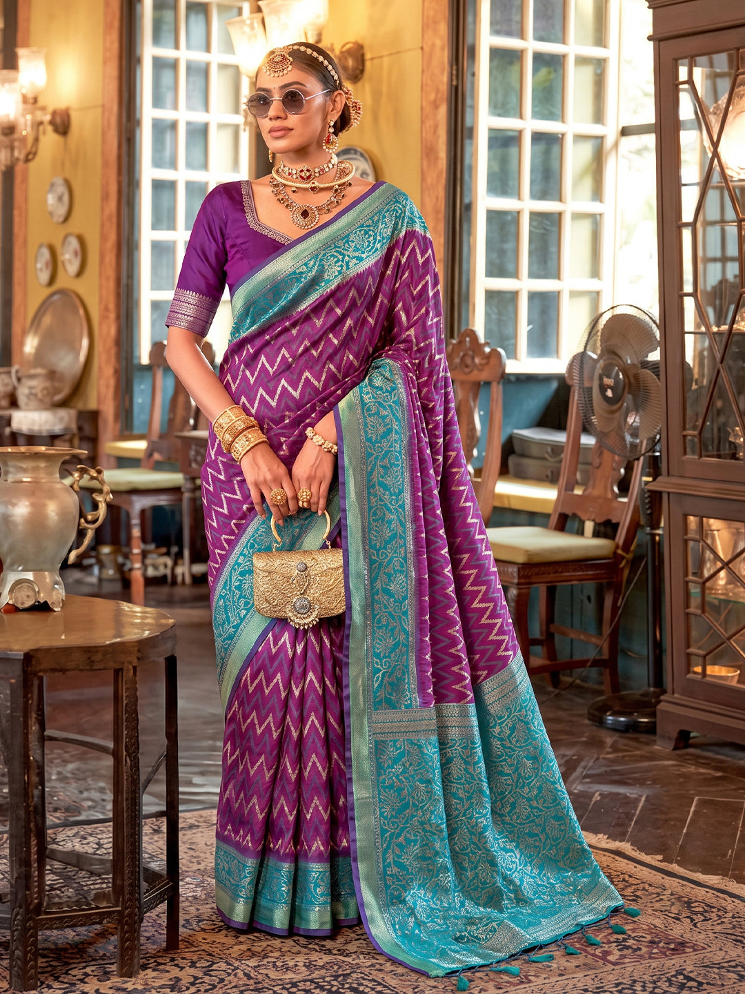 Sutriti Purple Banarasi Silk Saree With Contrast Border | Premium Festive Party Wear
