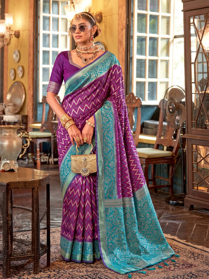 Sutriti Purple Banarasi Silk Saree With Contrast Border | Premium Festive Party Wear