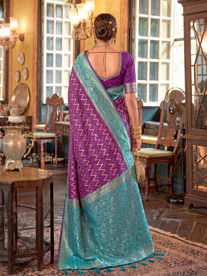 Sutriti Purple Banarasi Silk Saree With Contrast Border | Premium Festive Party Wear