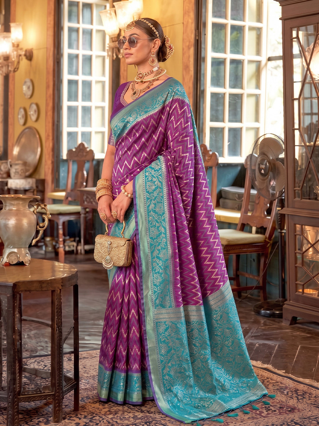 Sutriti Purple Banarasi Silk Saree With Contrast Border | Premium Festive Party Wear