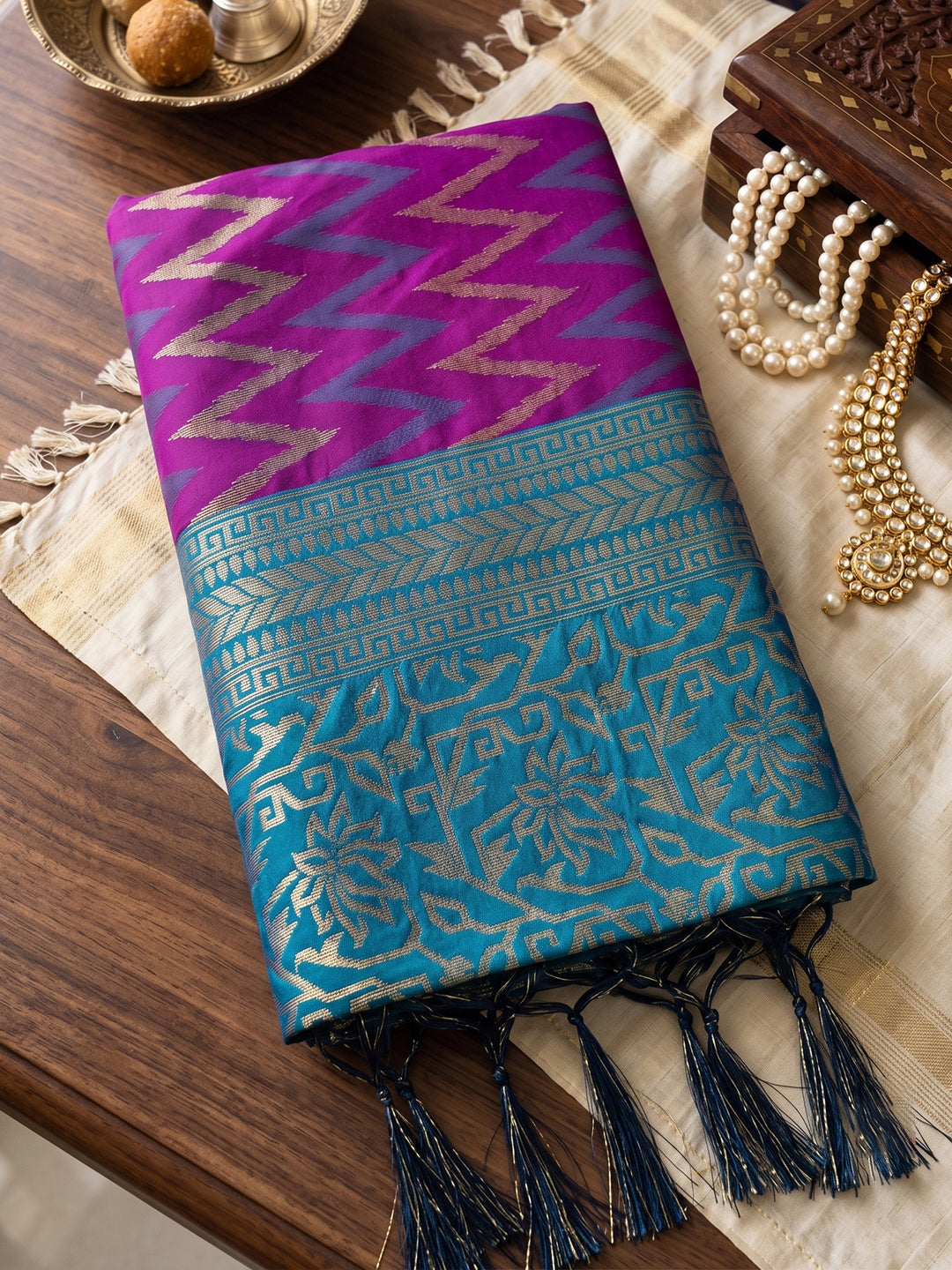 Sutriti Purple Banarasi Silk Saree With Contrast Border | Premium Festive Party Wear
