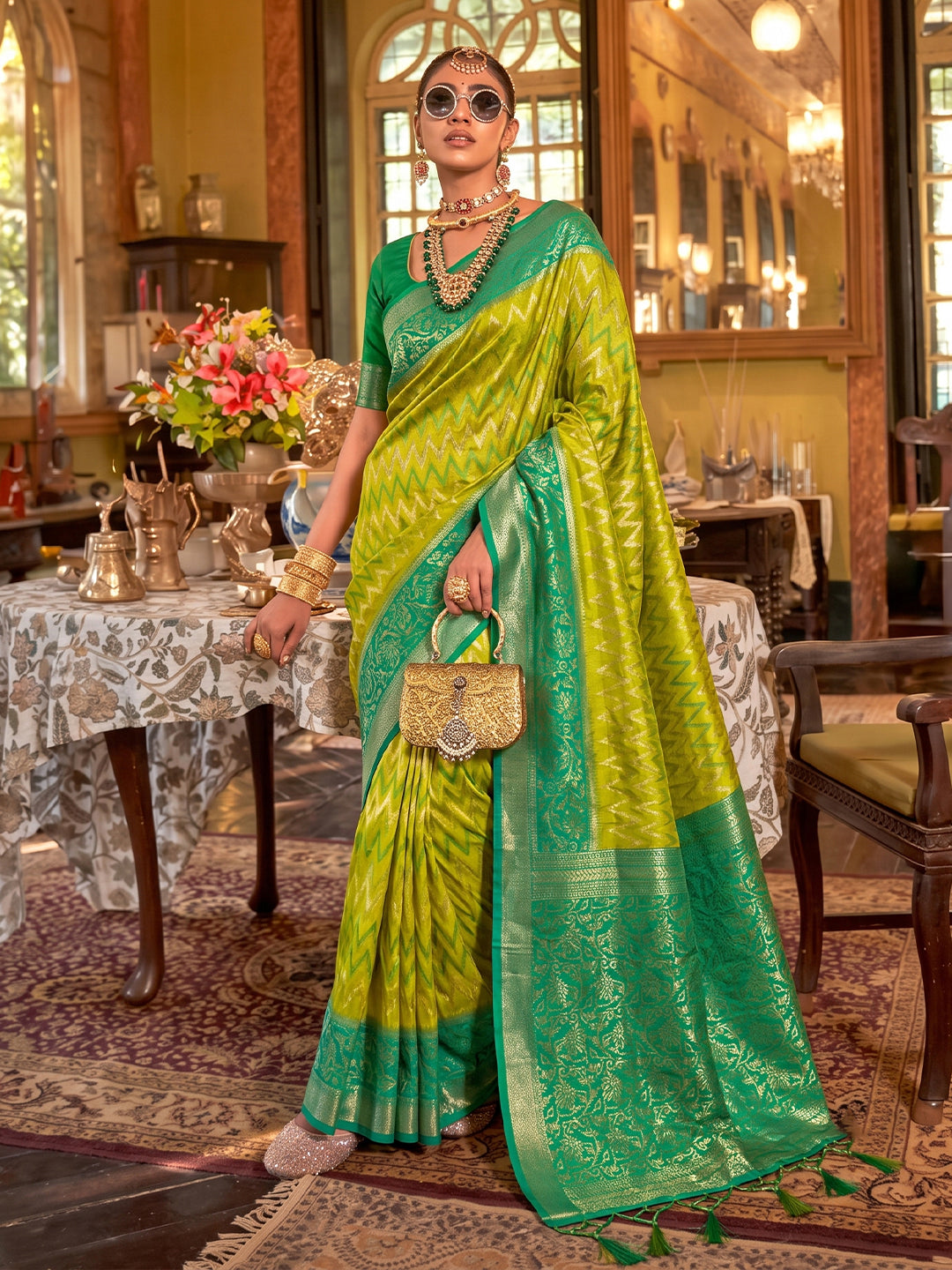 Sutriti Light Green Banarasi Silk Saree For Women | Exquisite Woven Wedding Ethnic Wear