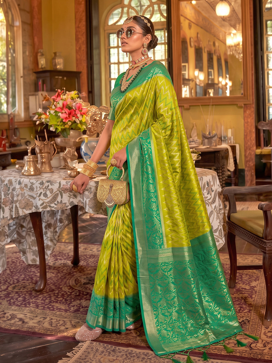 Sutriti Light Green Banarasi Silk Saree For Women | Exquisite Woven Wedding Ethnic Wear