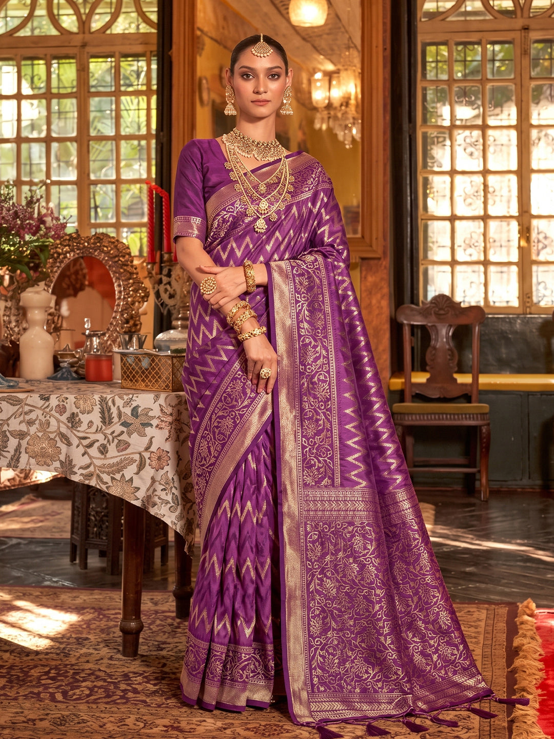 Sutriti Regal Purple Banarasi Silk Saree | Heavy Zari Woven Festive & Wedding Drape