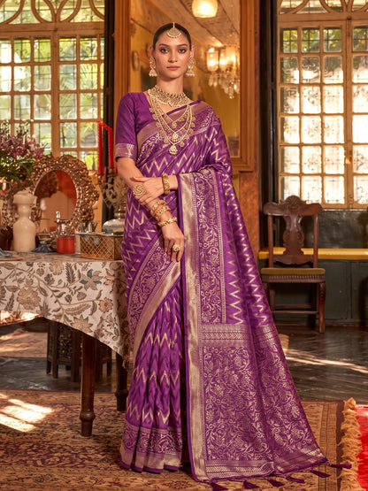 Sutriti Regal Purple Banarasi Silk Saree | Heavy Zari Woven Festive & Wedding Drape