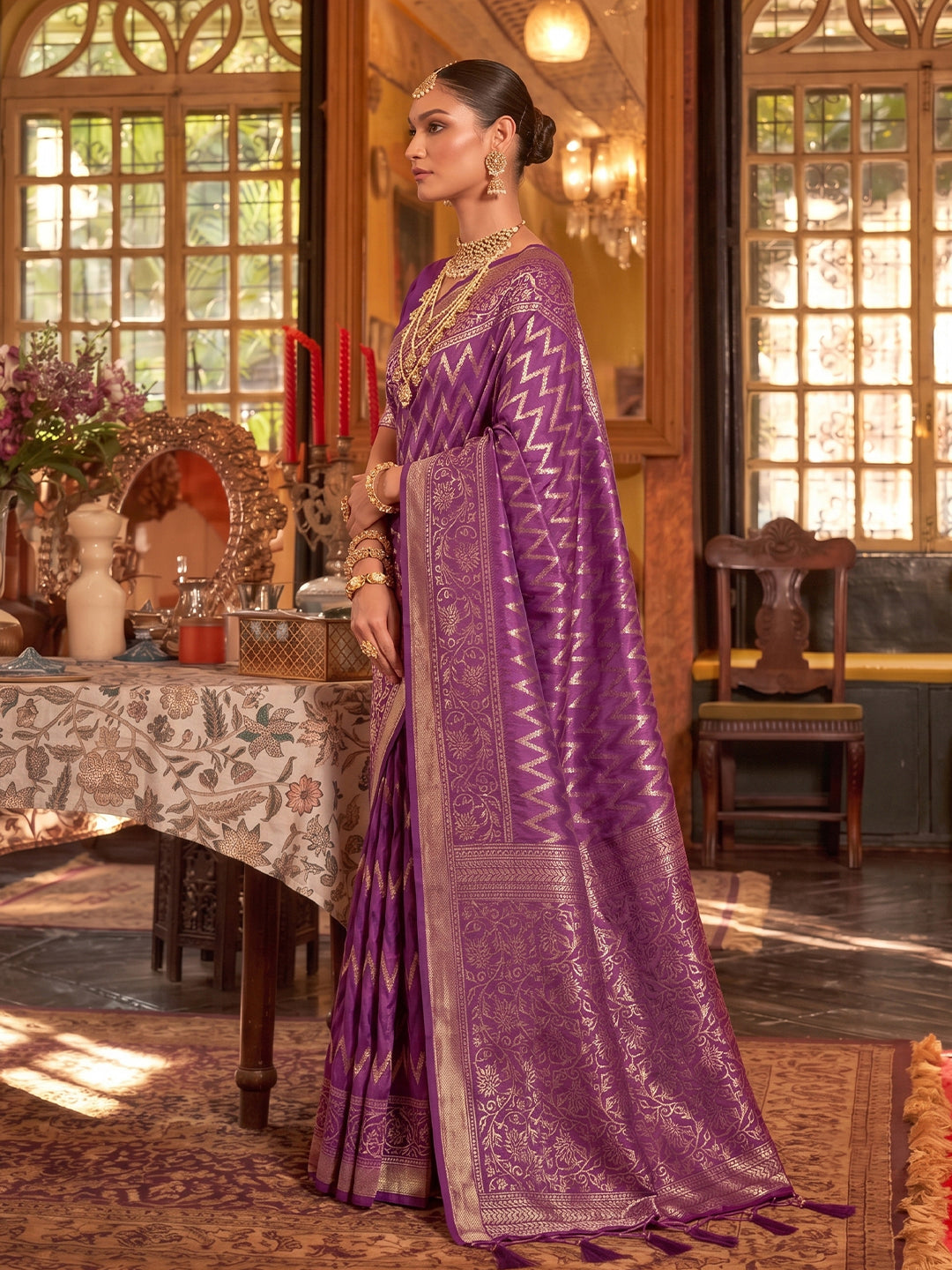 Sutriti Regal Purple Banarasi Silk Saree | Heavy Zari Woven Festive & Wedding Drape