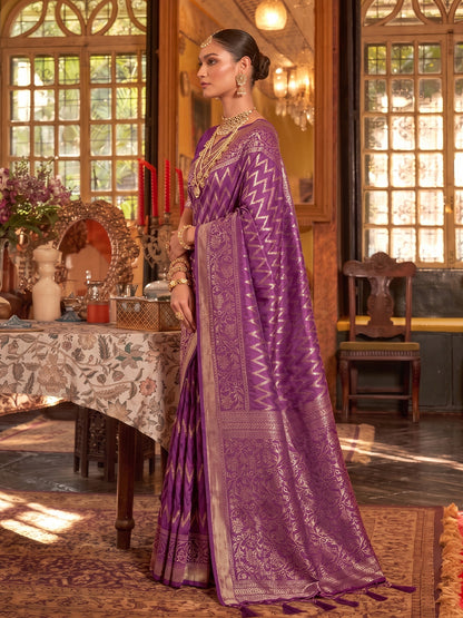 Sutriti Regal Purple Banarasi Silk Saree | Heavy Zari Woven Festive & Wedding Drape