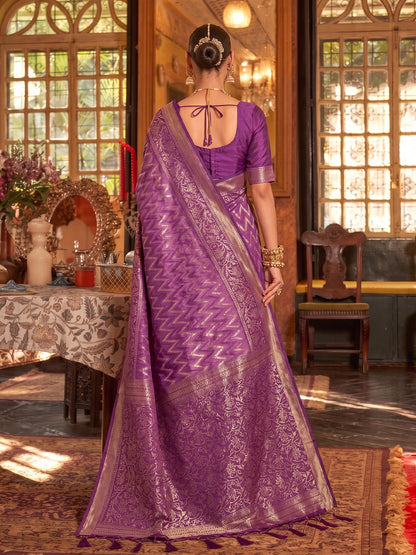 Sutriti Regal Purple Banarasi Silk Saree | Heavy Zari Woven Festive & Wedding Drape