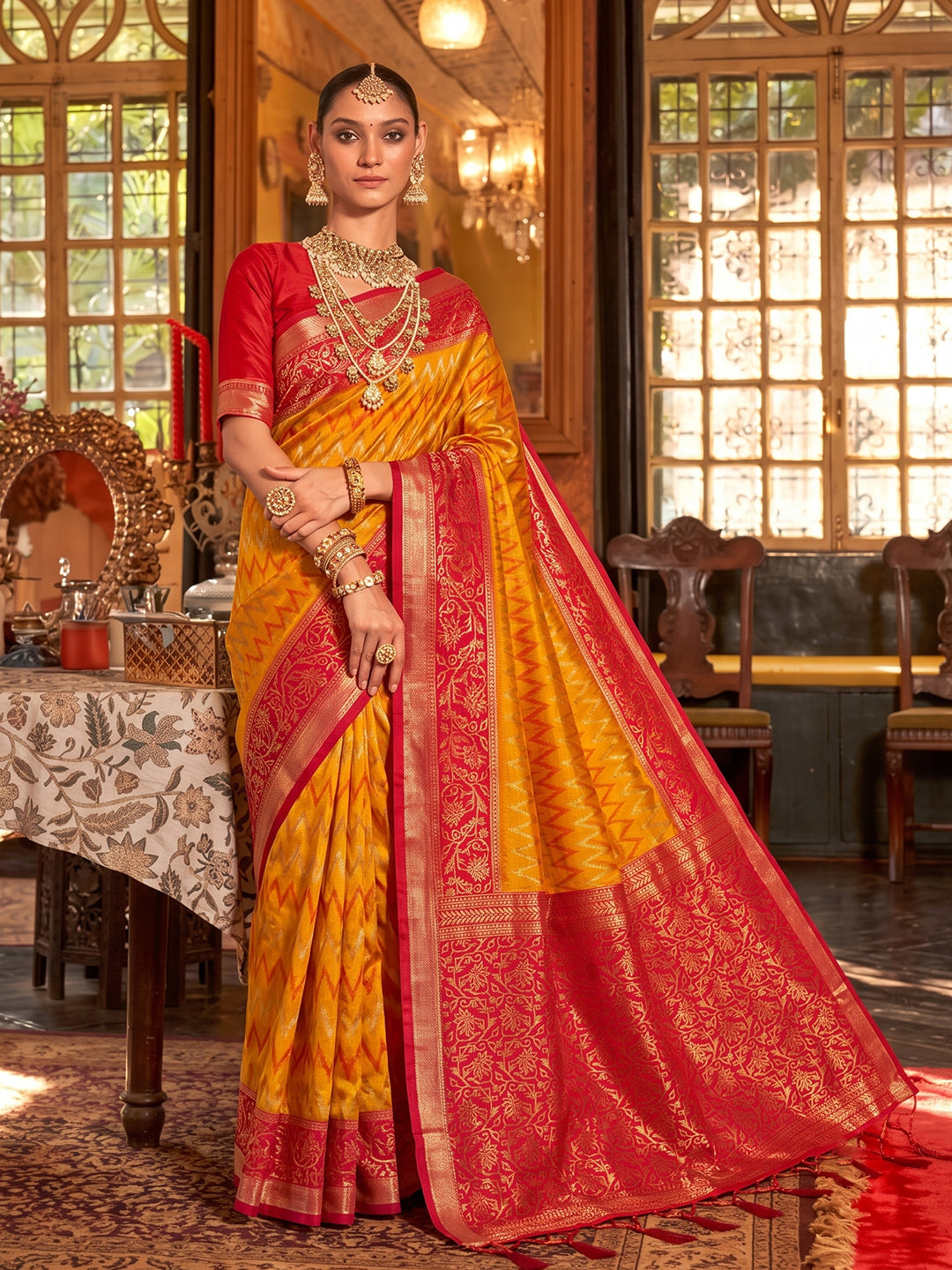 Sutriti Mustard & Red Banarasi Silk Saree | Classic Bridal & Wedding Ethnic Wear
