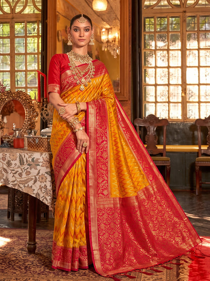 Sutriti Mustard & Red Banarasi Silk Saree | Classic Bridal & Wedding Ethnic Wear