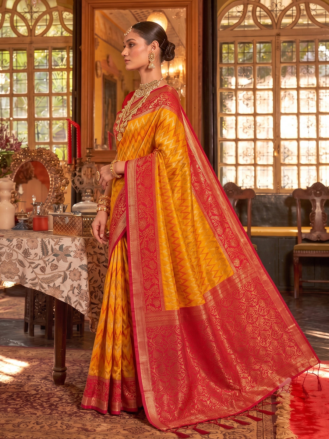 Sutriti Mustard & Red Banarasi Silk Saree | Classic Bridal & Wedding Ethnic Wear