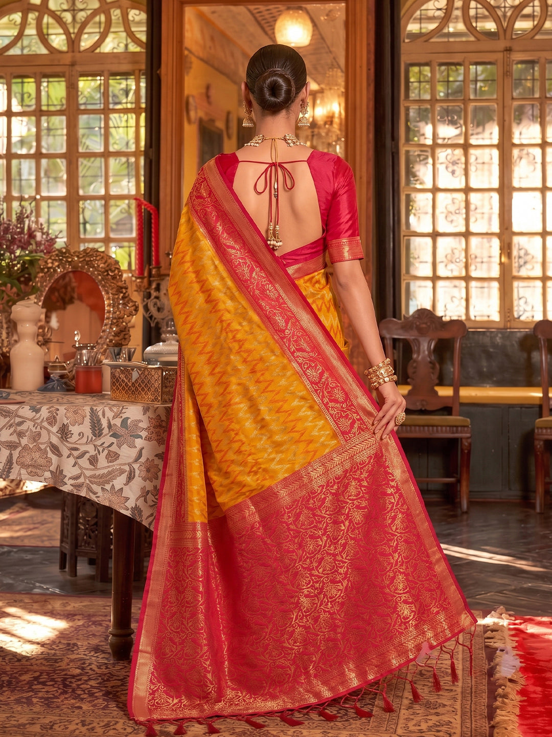 Sutriti Mustard & Red Banarasi Silk Saree | Classic Bridal & Wedding Ethnic Wear