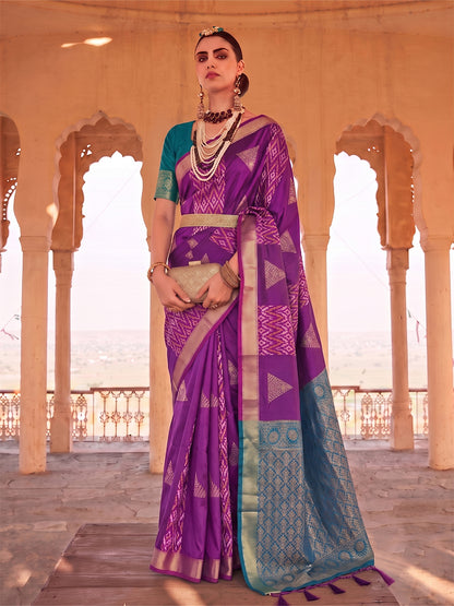 Sutriti Purple Soft Silk Saree With Teal Border | Festive & Wedding Wear For Women