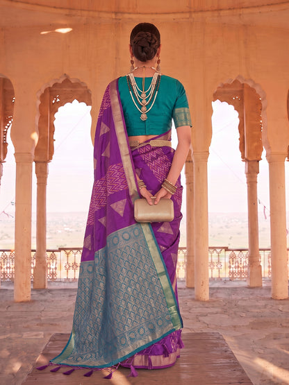 Sutriti Purple Soft Silk Saree With Teal Border | Festive & Wedding Wear For Women
