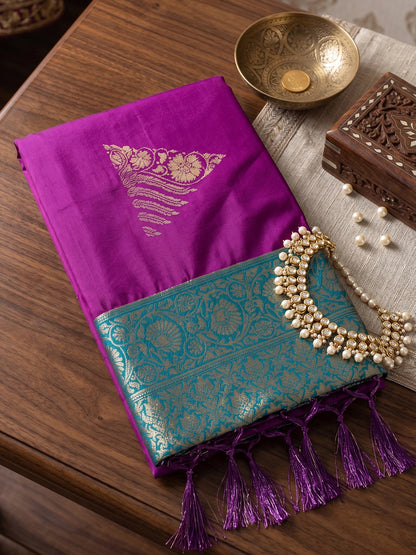 Sutriti Purple Soft Silk Saree With Teal Border | Festive & Wedding Wear For Women