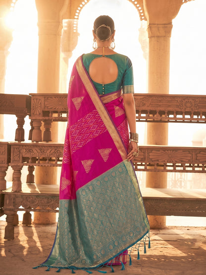 Sutriti Rani Pink Soft Silk Saree | Woven Zari Border Ethnic Party Wear For Women