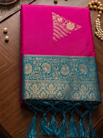 Sutriti Rani Pink Soft Silk Saree | Woven Zari Border Ethnic Party Wear For Women