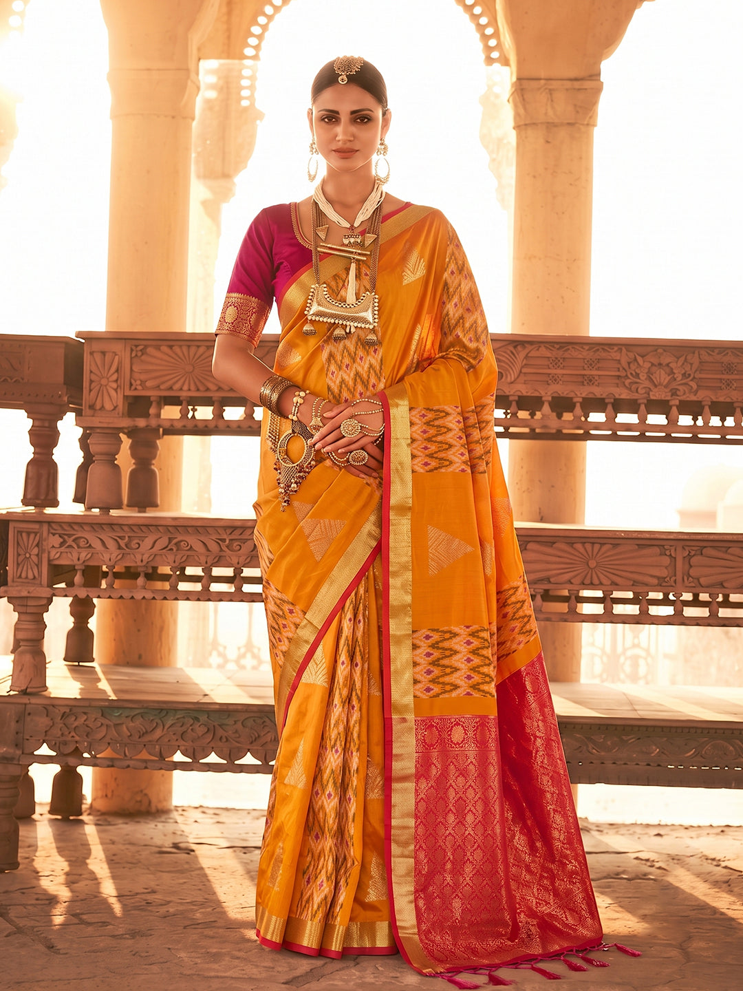 Sutriti Orange Soft Silk Saree With Pink Border | Haldi & Festive Wear For Women