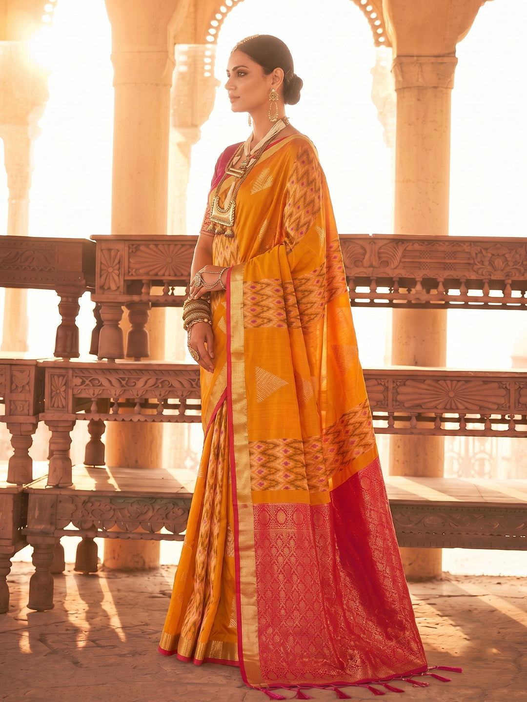 Sutriti Orange Soft Silk Saree With Pink Border | Haldi & Festive Wear For Women