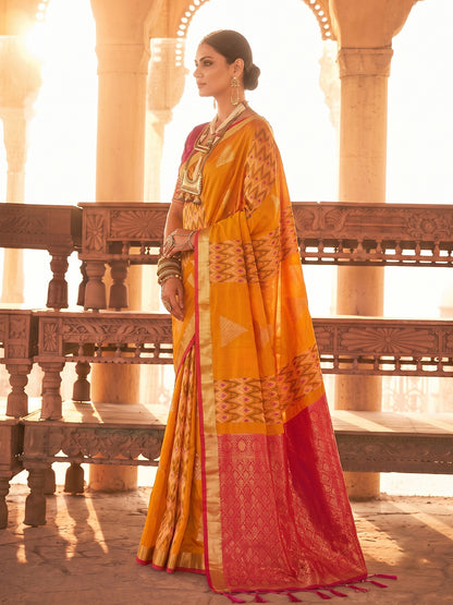 Sutriti Orange Soft Silk Saree With Pink Border | Haldi & Festive Wear For Women