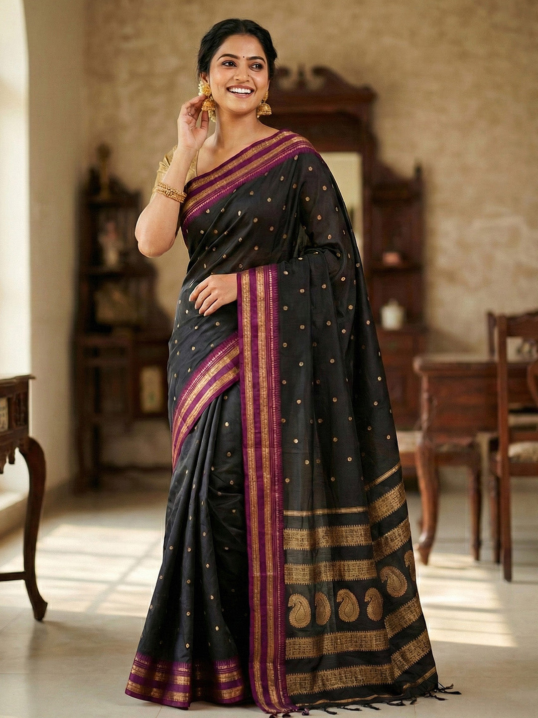 Sutriti The Midnight Luxurious Black Soft Silk Saree with Magenta & Gold Zari Border
