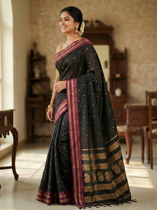 Sutriti The Midnight Luxurious Black Soft Silk Saree with Magenta & Gold Zari Border
