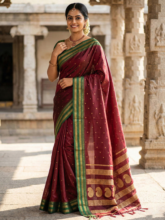 Sutriti The Regal Ruby: Deep Maroon Soft Silk Saree with Contrast Emerald Green Border