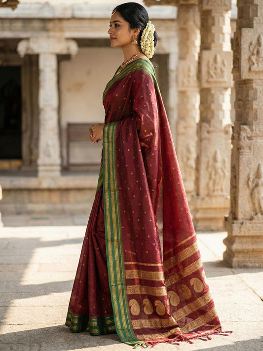 Sutriti The Regal Ruby: Deep Maroon Soft Silk Saree with Contrast Emerald Green Border