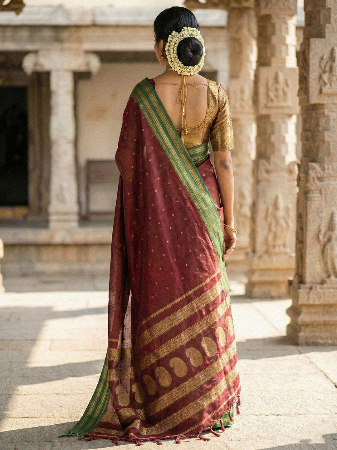 Sutriti The Regal Ruby: Deep Maroon Soft Silk Saree with Contrast Emerald Green Border
