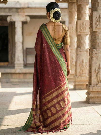Sutriti The Regal Ruby: Deep Maroon Soft Silk Saree with Contrast Emerald Green Border