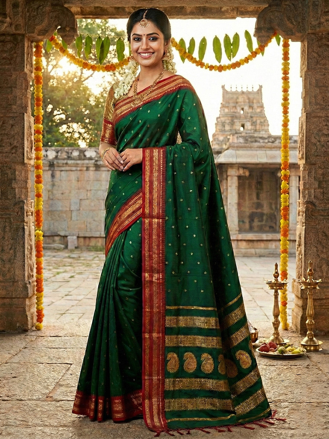 Sutriti The Emerald Empress: Dark Green Soft Silk Saree with Rich Crimson Red Zari Border