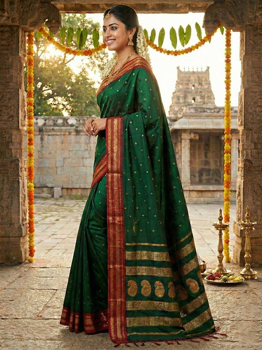 Sutriti The Emerald Empress: Dark Green Soft Silk Saree with Rich Crimson Red Zari Border
