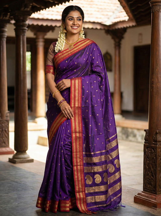Sutriti The Majestic Amethyst: Royal Purple Soft Silk Saree with Contrast Red Zari Border