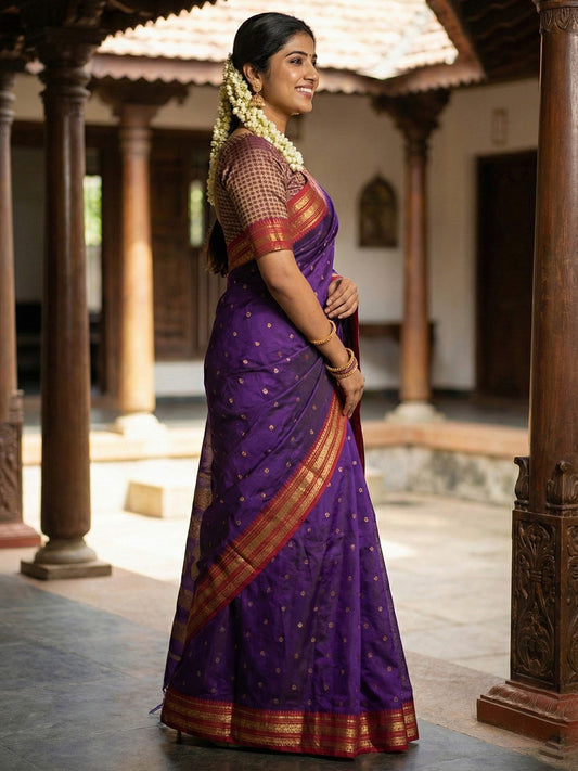 Sutriti The Majestic Amethyst: Royal Purple Soft Silk Saree with Contrast Red Zari Border