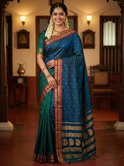 Sutriti The Peacock Hue: Teal Blue Soft Silk Saree with Contrast Red Zari Border