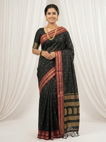 Sutriti The Midnight Luxurious Black Soft Silk Saree with Magenta & Gold Zari Border