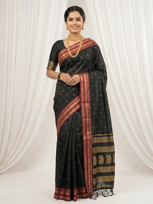 Sutriti The Midnight Luxurious Black Soft Silk Saree with Magenta & Gold Zari Border