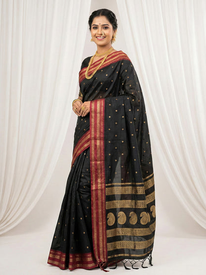 Sutriti The Midnight Luxurious Black Soft Silk Saree with Magenta & Gold Zari Border
