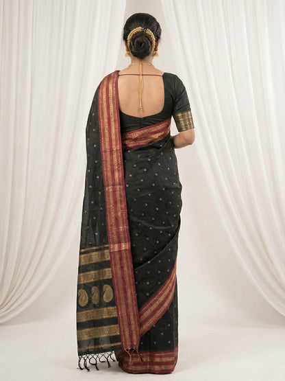 Sutriti The Midnight Luxurious Black Soft Silk Saree with Magenta & Gold Zari Border
