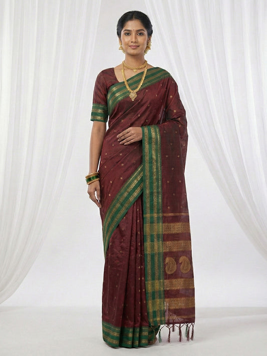 Sutriti The Regal Ruby: Deep Maroon Soft Silk Saree with Contrast Emerald Green Border