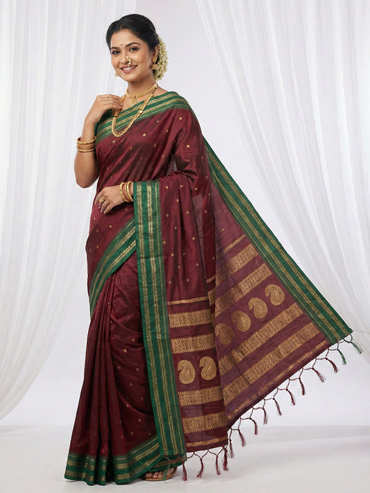 Sutriti The Regal Ruby: Deep Maroon Soft Silk Saree with Contrast Emerald Green Border