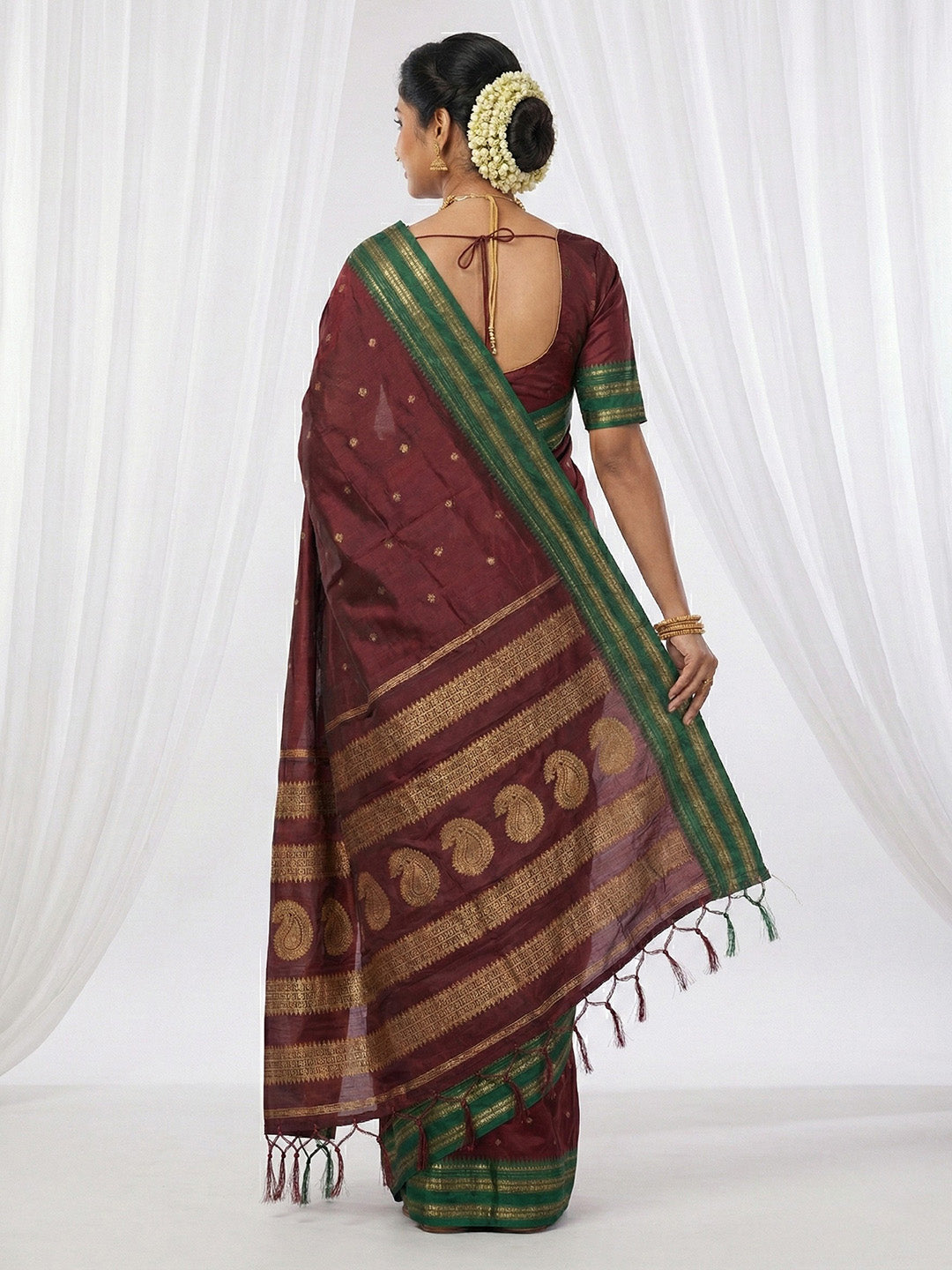 Sutriti The Regal Ruby: Deep Maroon Soft Silk Saree with Contrast Emerald Green Border