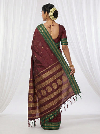 Sutriti The Regal Ruby: Deep Maroon Soft Silk Saree with Contrast Emerald Green Border
