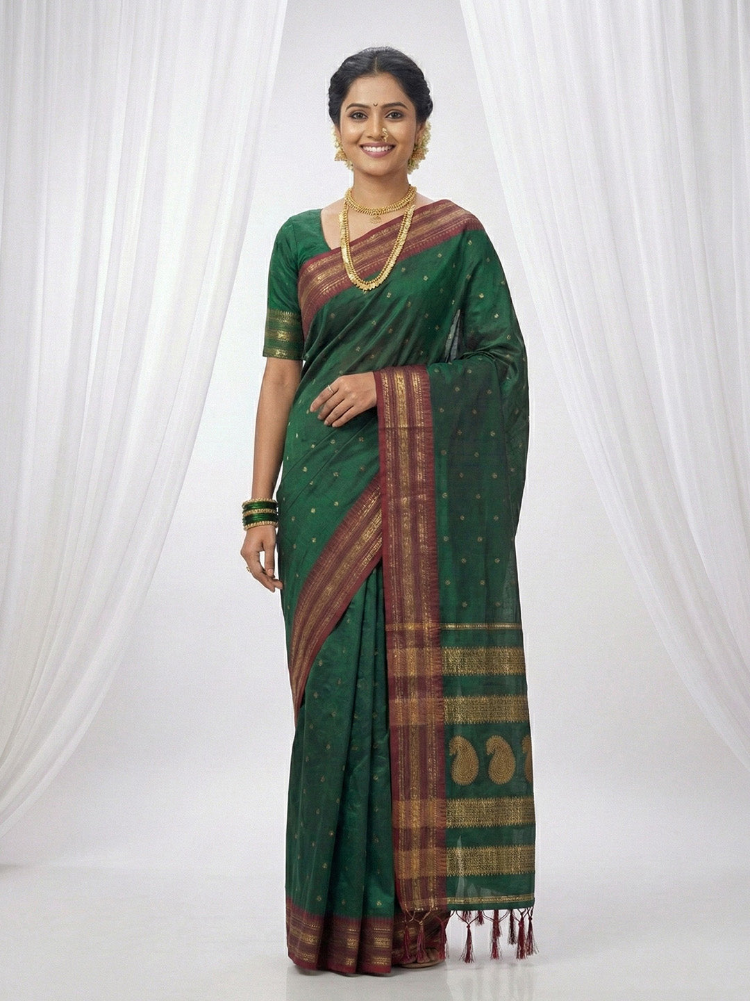Sutriti The Emerald Empress: Dark Green Soft Silk Saree with Rich Crimson Red Zari Border