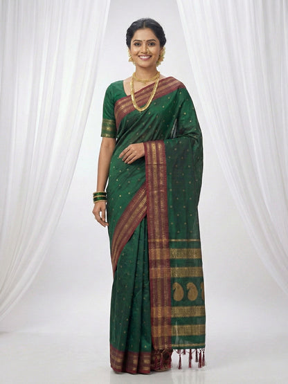 Sutriti The Emerald Empress: Dark Green Soft Silk Saree with Rich Crimson Red Zari Border