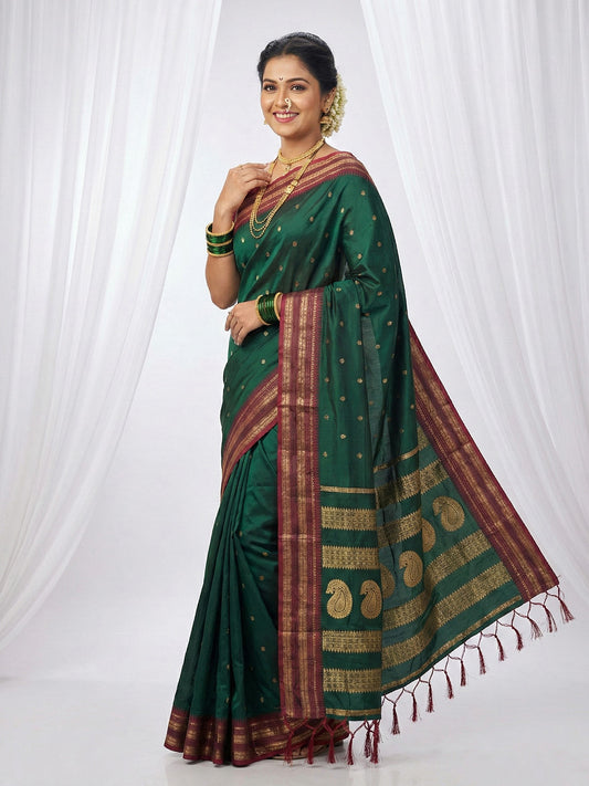 Sutriti The Emerald Empress: Dark Green Soft Silk Saree with Rich Crimson Red Zari Border