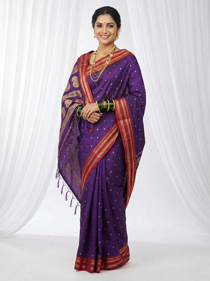 Sutriti The Majestic Amethyst: Royal Purple Soft Silk Saree with Contrast Red Zari Border