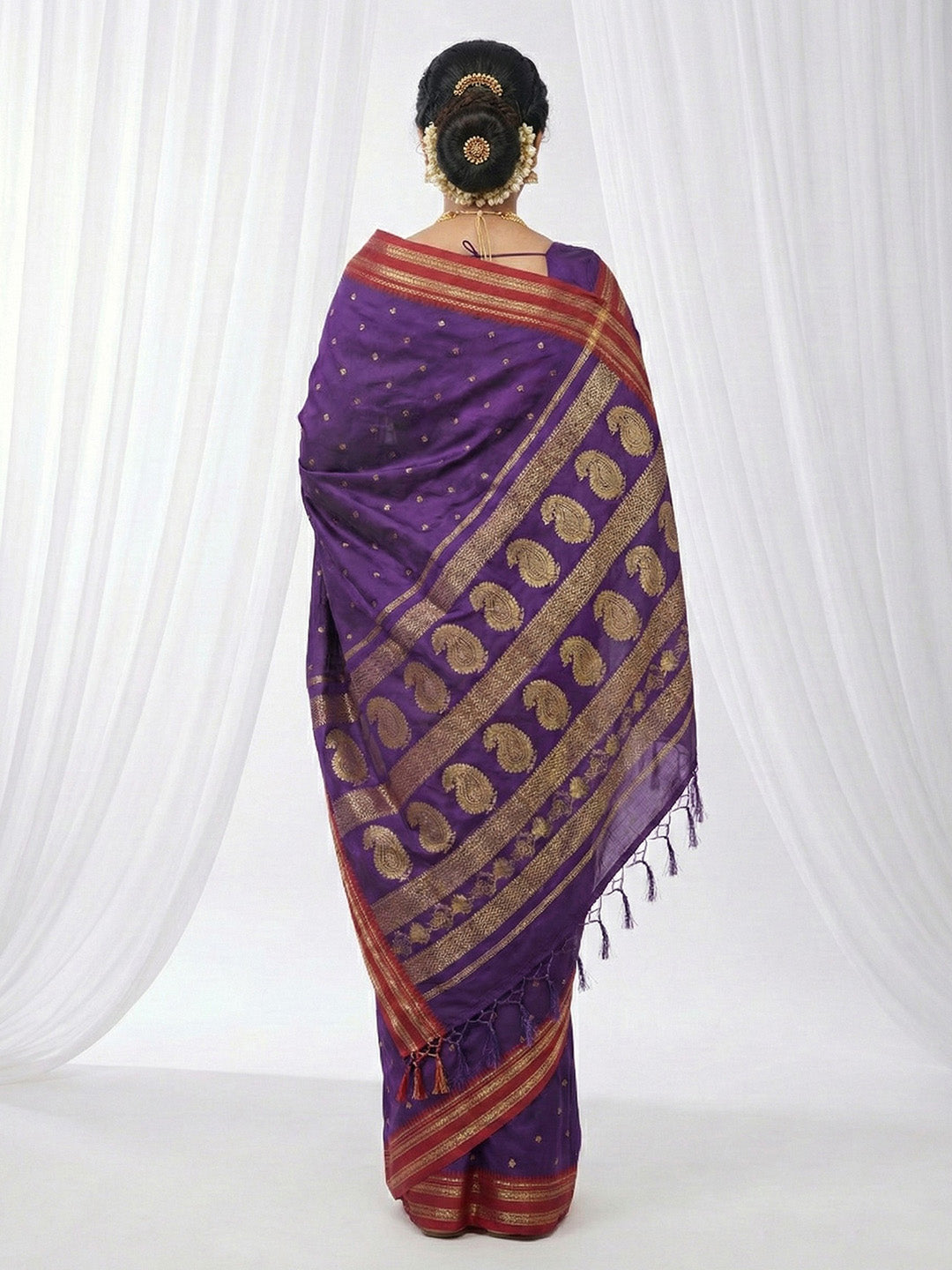 Sutriti The Majestic Amethyst: Royal Purple Soft Silk Saree with Contrast Red Zari Border
