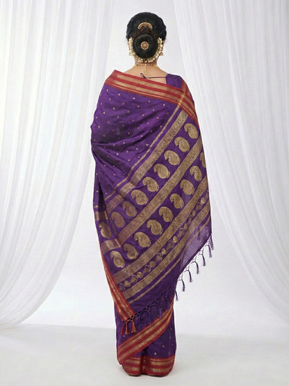 Sutriti The Majestic Amethyst: Royal Purple Soft Silk Saree with Contrast Red Zari Border